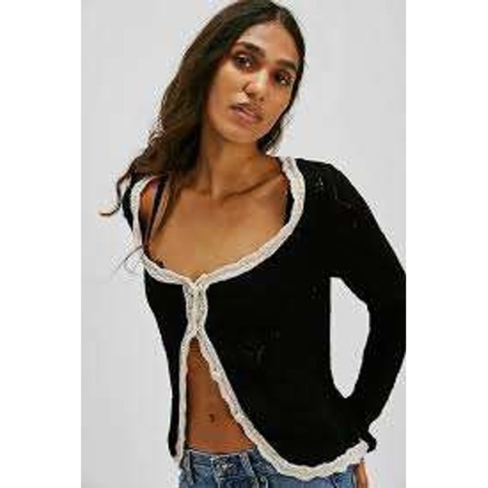 Free People Adelene Cotton Linen Pointelle Knit Cardigan Black Cream EUC M